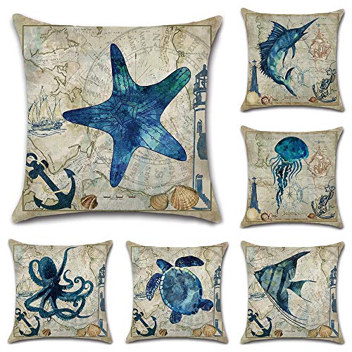 HuifengS Lin Throw Coussin Taie d'oreiller Taie d'oreiller carrée Animaux Marins décoratif pour canapés Lits Chaises Housse de Coussin, Lot de 6, 45 x 45 cm Cover