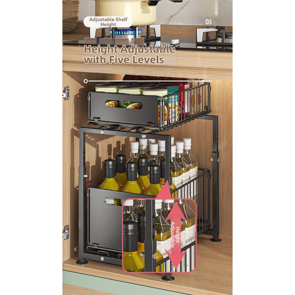 XBTGS Mensola regolabile sotto il lavello con design estraibile a 2 ripiani in acciaio al carbonio per cucina o bagno, altezza 41-49 cm mize spazio e disordine,