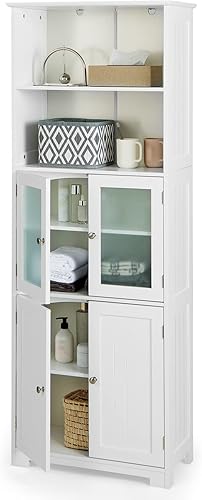 LOKO Armario de baño alto armario de almacenamiento de lino con puertas y estantes abiertos armario de piso de madera con estantes ajustables para