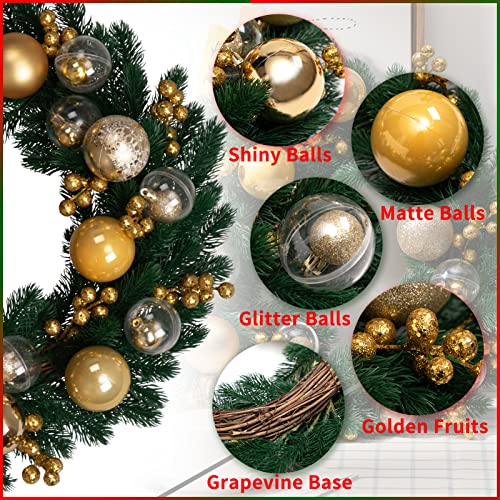 Lohasbee Artificial Christmas Wreath, 18" Ball Wreath With Golden Ornaments Berries, Grapevine Pine Branch For Front Door Winter Xmas Home Hanging Wall Party Celebration Decor #TOP1