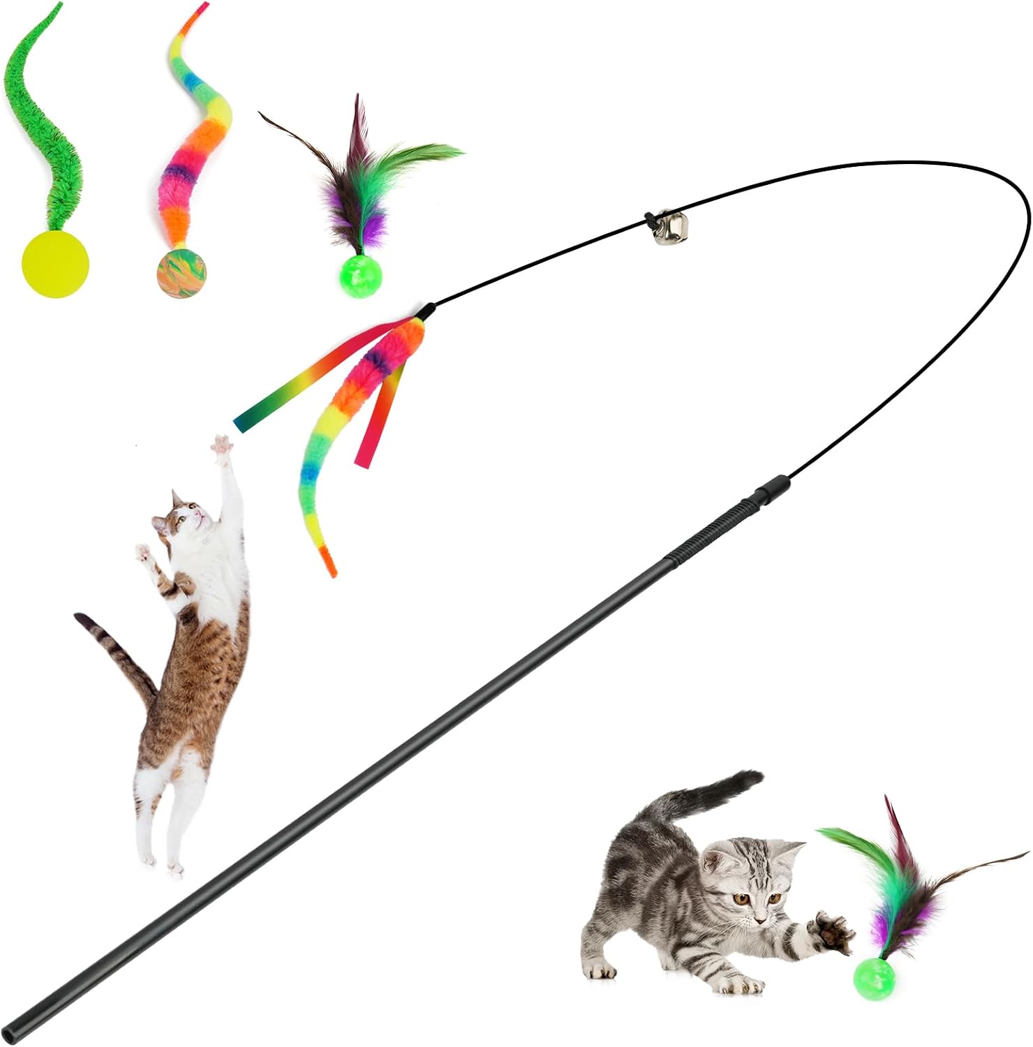 SHENGSEN Feather Wand Cat Toy，Bouncy Ball with Tail Cat Toys，Magic Worm with Large Colorful Ball Toy for Cats，Cat Feather Toys for Indoor Cats,Colorful Fuzzy Worm Bouncy Balls Cat Toy
