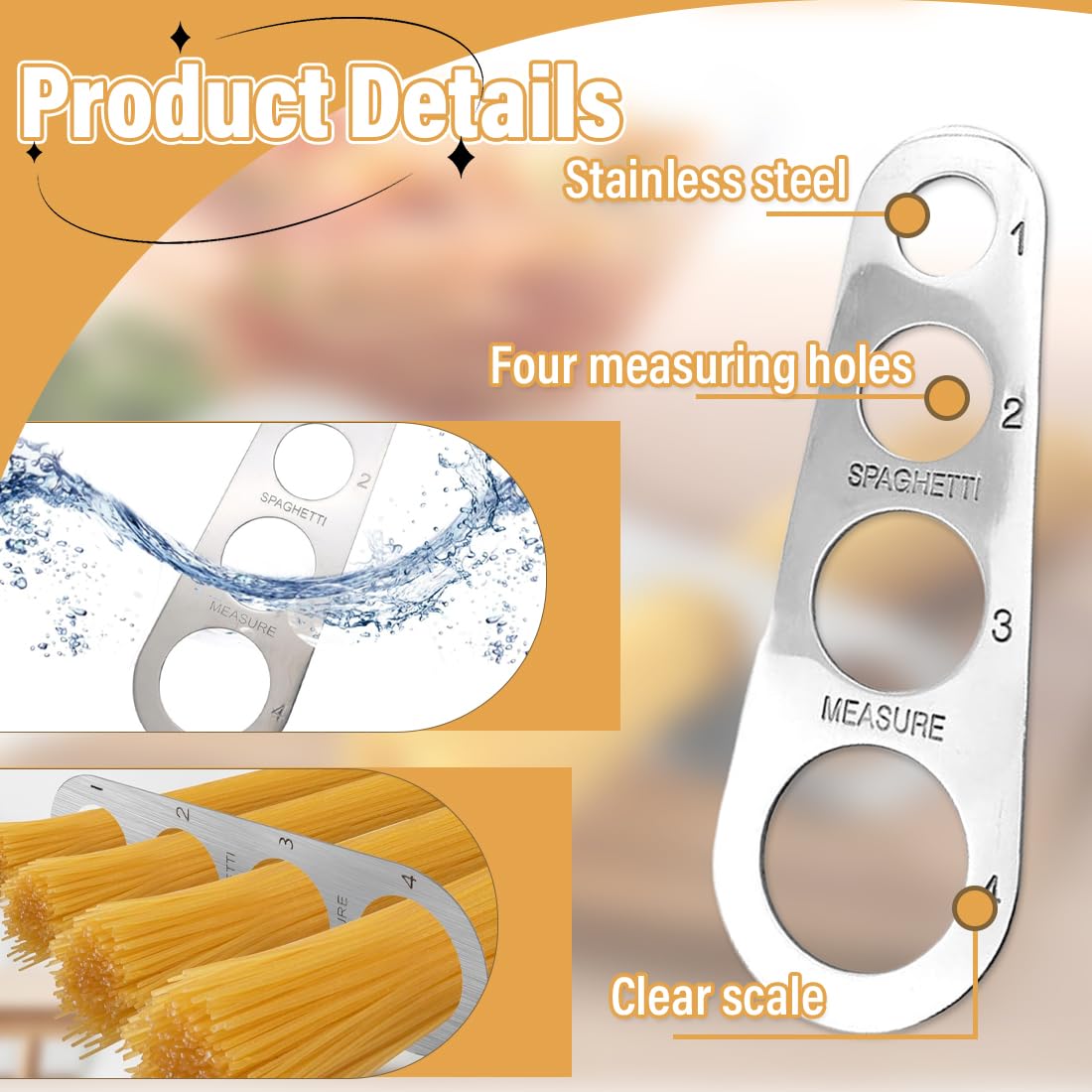 Medidores para la pasta Paquete de 3 medidas para pasta de acero inoxidable, medida para pasta de acero inoxidable, medida para pasta de acero inoxidable con 4 orificios de medición (plata)