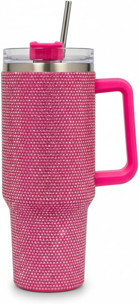 THIRSTEE 40 oz Rhinestone Tumbler with Lid and Metal Straw, Hot Pink Insulated Stainless Steel Cup, Leak Proof Travel Mug, Sparkly Water Bottle for Women, Collectible Gift for School, Work, Gym