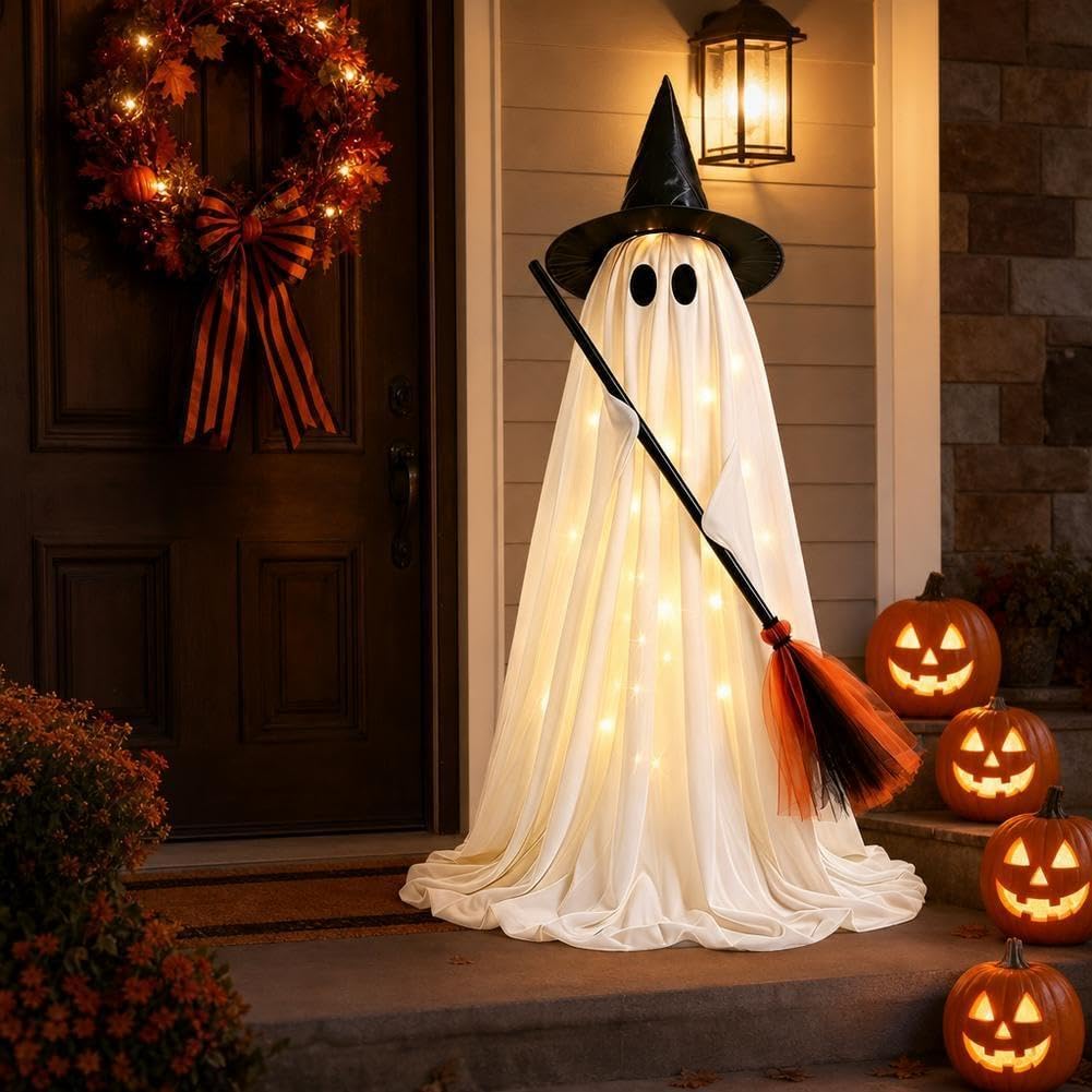 Decorazioni di Halloween all'aperto accende il fantasma, cappello da strega del portico 59IN scopa