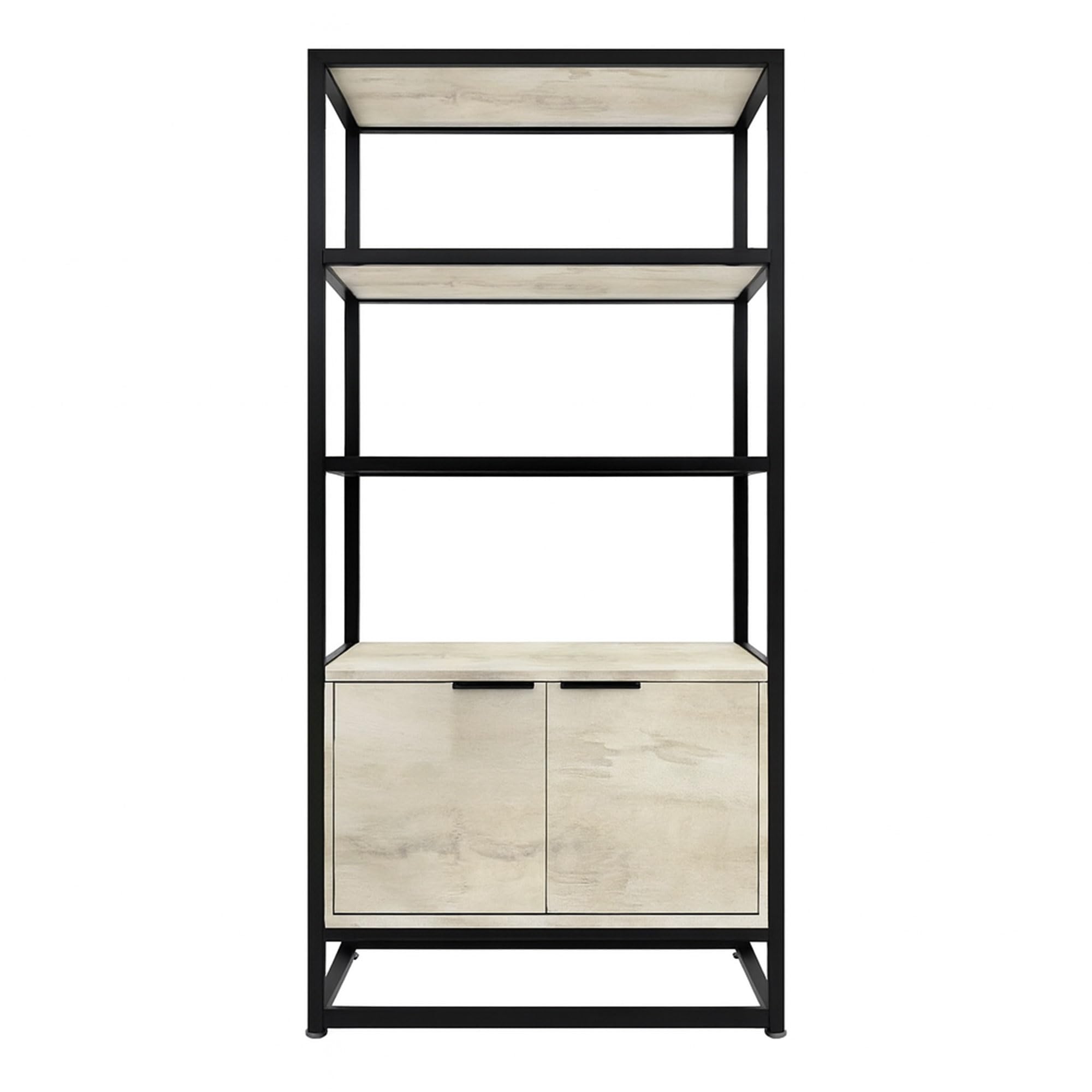FRANKYSTAR Edo - Scaffale Libreria a Muro 76x162,5x33,5 cm in Stile Industriale 3 Ripiani con Mobiletto 2 Ante in Legno Bleach Struttura in Metallo Nero