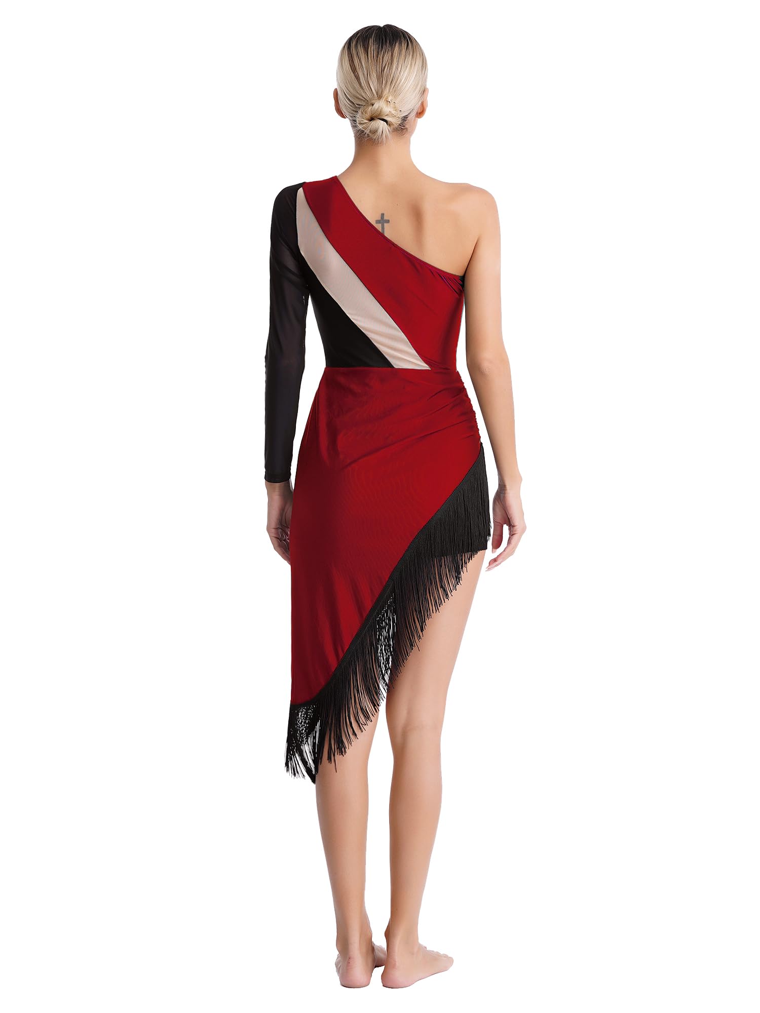 Alvivi Vestido de Baile Latino Tango Mujer Manga Larga Maillot Danza Ballet Flecos Disfraz Competición