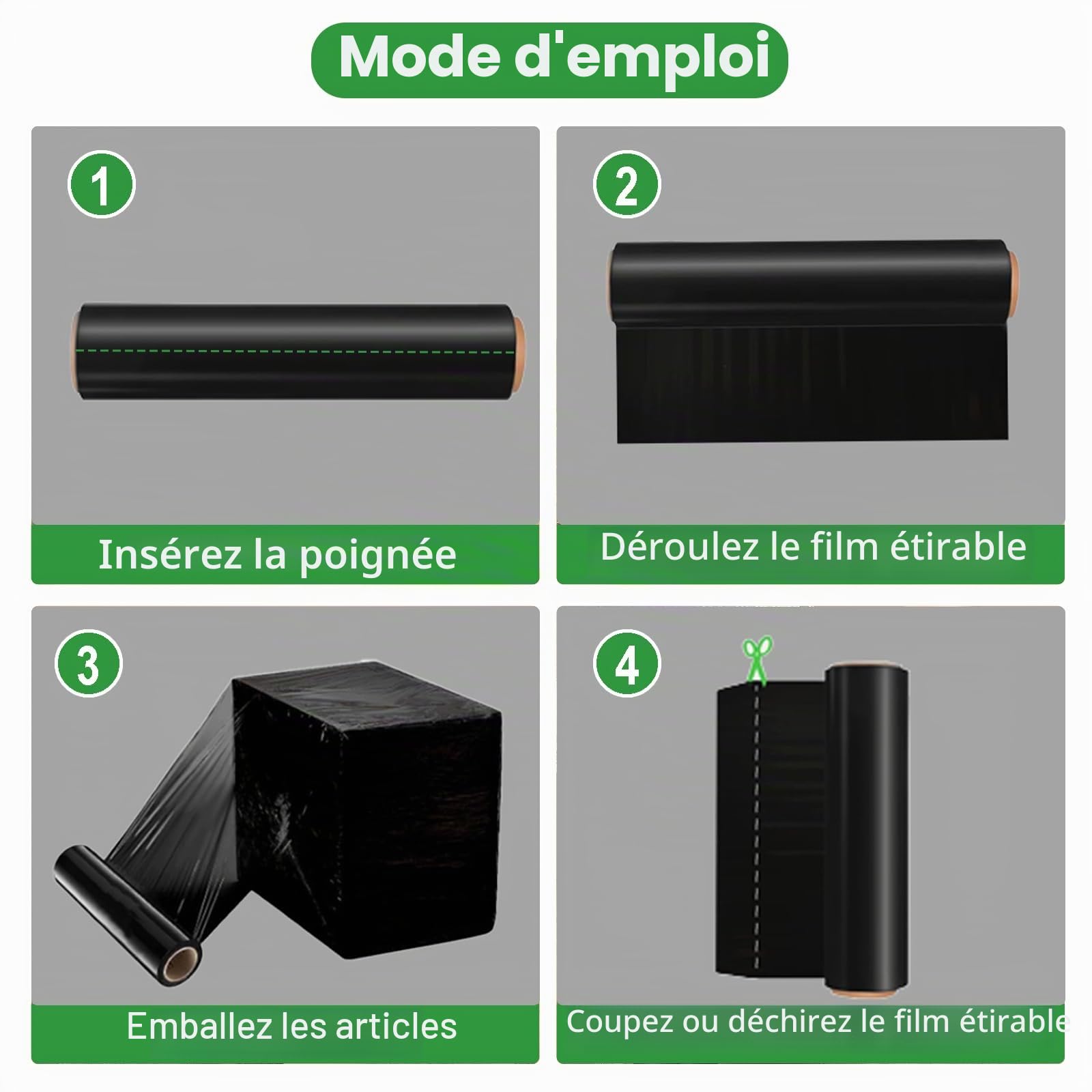Film Étirable Noir pour Déménagement et Emballage - 38,1 cm x 304,4 m - Film Palette en Plastique de Protection Haute Résistance - 60 Gauge (15μm) (4 Rolle)
