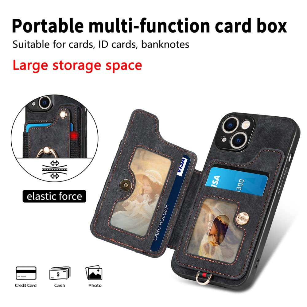 Custodia in Pelle per iPhone 14 13 12 11 Promax Plus XR XSMAX Antifurto con Anello Cordino Porta Carte Custodia Protettiva, Nero, per iPhone XR