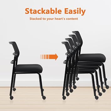 CLATINA Stacking Armless Office Waiting Room Chair with Wheels, Stackable Mesh Guest Reception Desk Chairs with Adjustable Backrest for Conference Lobby Side School, Black