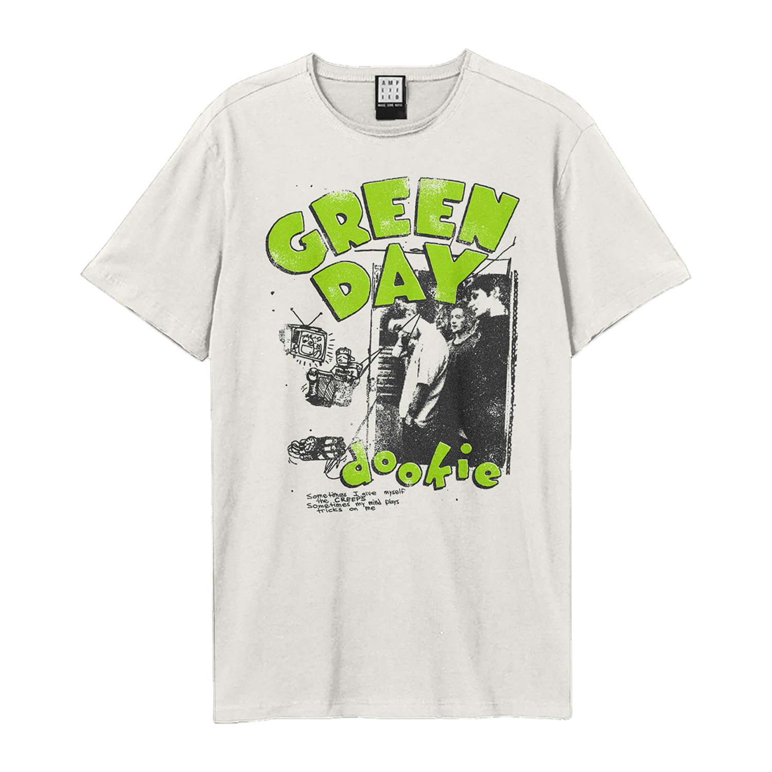 Amplified Men's Vintage White Dookie Sketch Green Day T-Shirt - Crew Neck, Short Sleeve, M