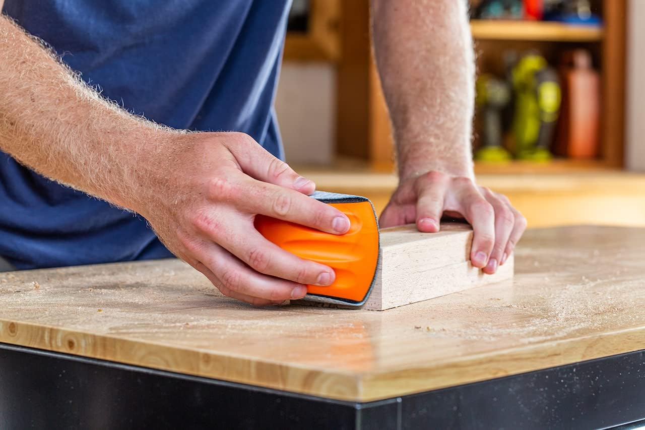 Rockford Ergonomic Hand Sanding Block. Hook and Loop Hand Sander Sandpaper Block with 25x Random Orbit Discs (60-240 Grit) and cleaning stick. No Handle Sand Paper Brick Blocks. - - 