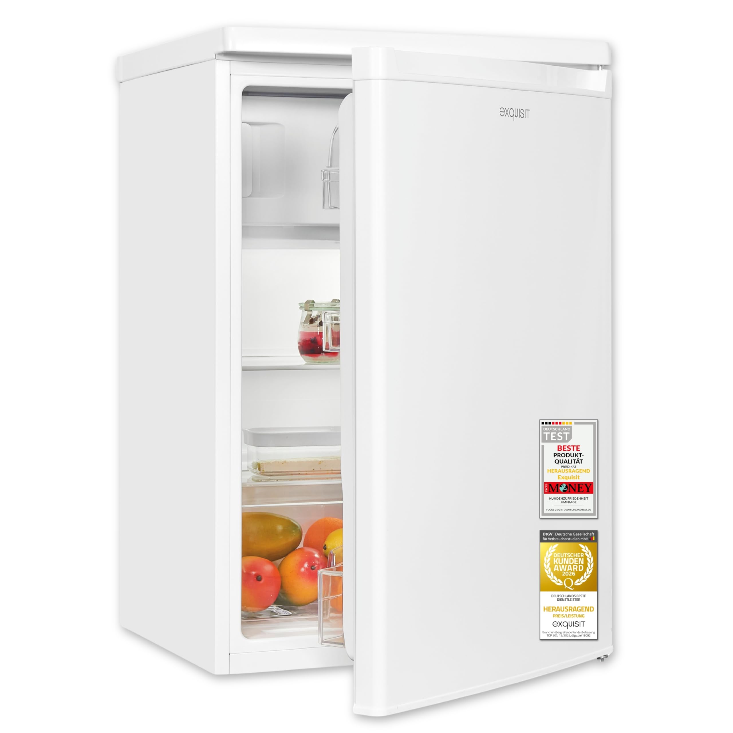 Exquisit KS516-4-E-040E Kühlschrank mit Gefrierfach, 109 l, LED, Weiss | Kompaktes Standgerät mit 4-Sterne-Gefrierfach, 139 kWh/Jahr, 40 dB, wechselbarer Türanschlag, 85 cm hoch, Glasablagen