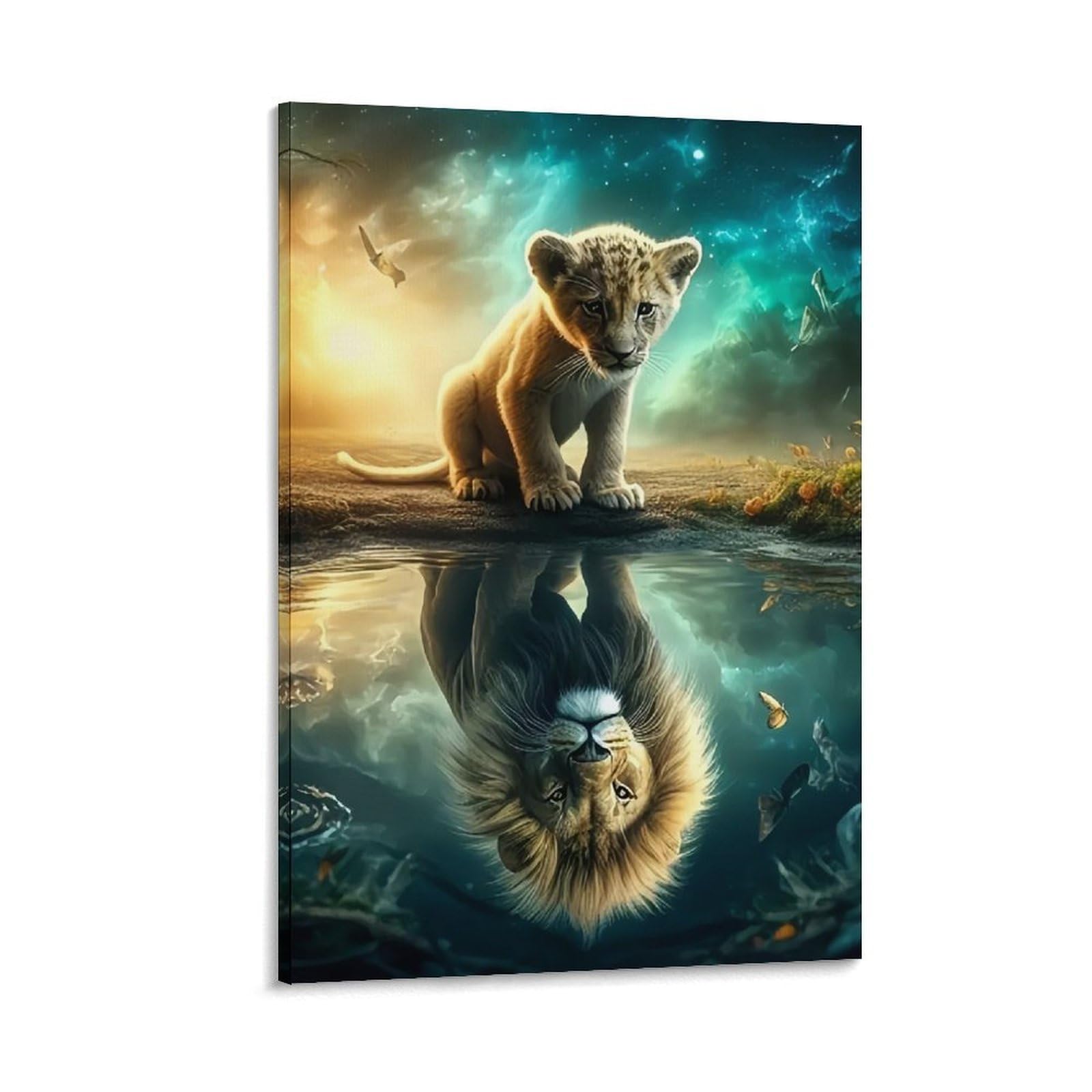 Dhbaneiok Frame-Style-5 Lion Cub Reflection Wall Decor Poster Giclee Canvas Prints Modern Wall Art Picture Wall Hanging For Home Decorations 12X18inch(30X45cm)