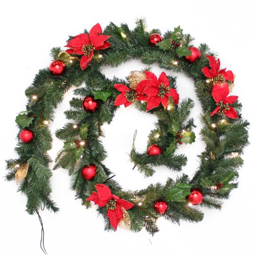 WeRChristmas Pre-Lit Decorated Garland Illuminated with 40 Warm White LED Lights, 9 feet - Red/Gold