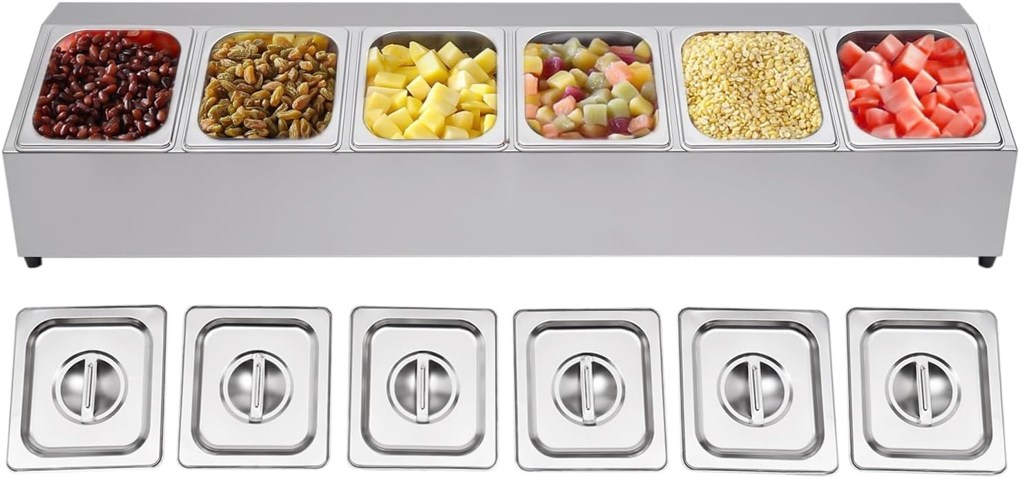 Zutatenbehälter, 6 Edelstahl-Behältern GN Aufsatzbord mit Deckel und Gummifüßen für Gastro, Küche, Pizza Station, Buffet Zubehör, Salatbar (104 * 22.5 * 22cm)
