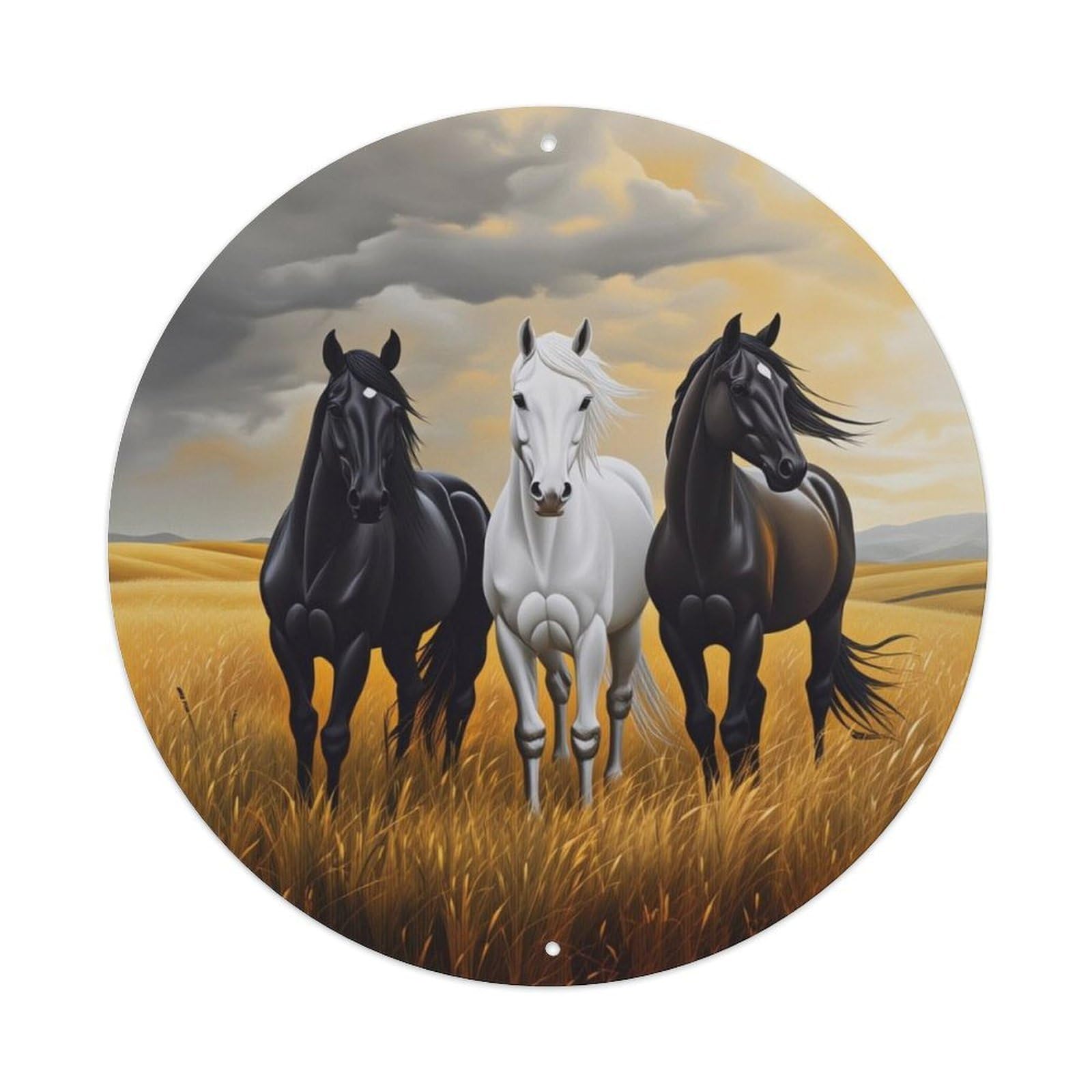 Ldfuieksufg Style Three Horses Grassland Scenery Round Decor Sign Vintage Aluminium Metal Sign, Retro Wall Decor For Home, Bar, Garage & Farmhouse 20X20cm