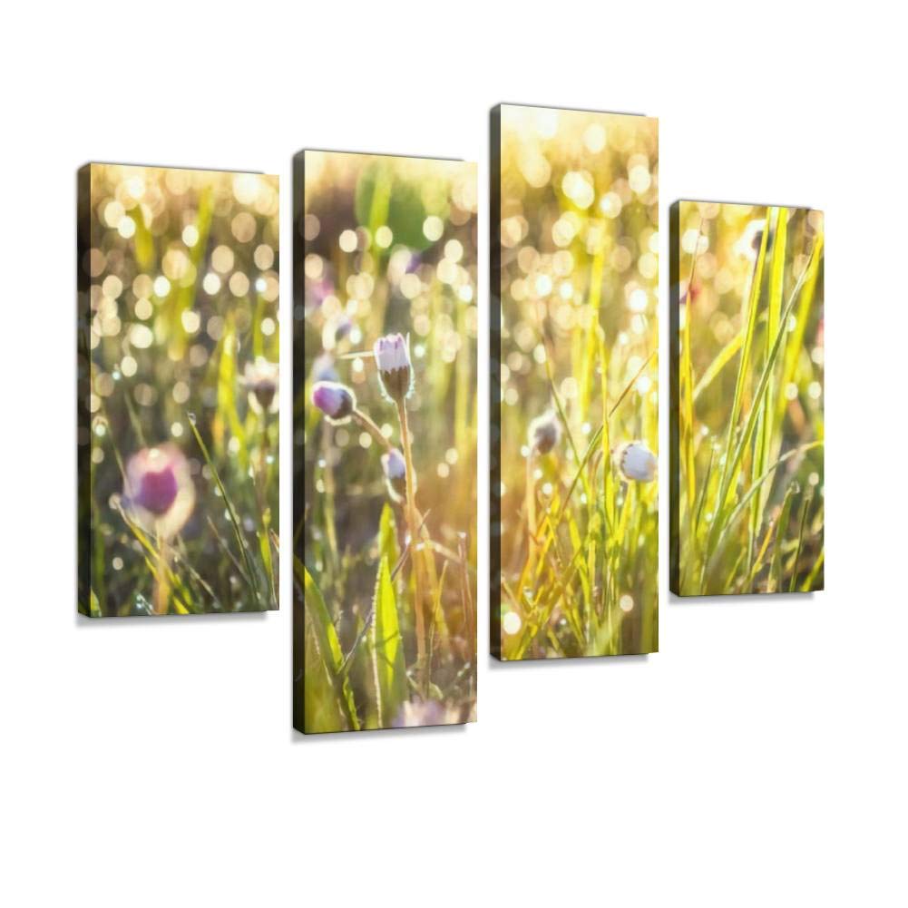 Summer grass field with flowers, abstract concept, soft focus, bokeh, Canvas Print Artwork Wall Art Pictures Framed Digital Print Abstract Painting Room Home Office Decor Ready to Hang 4 Panel