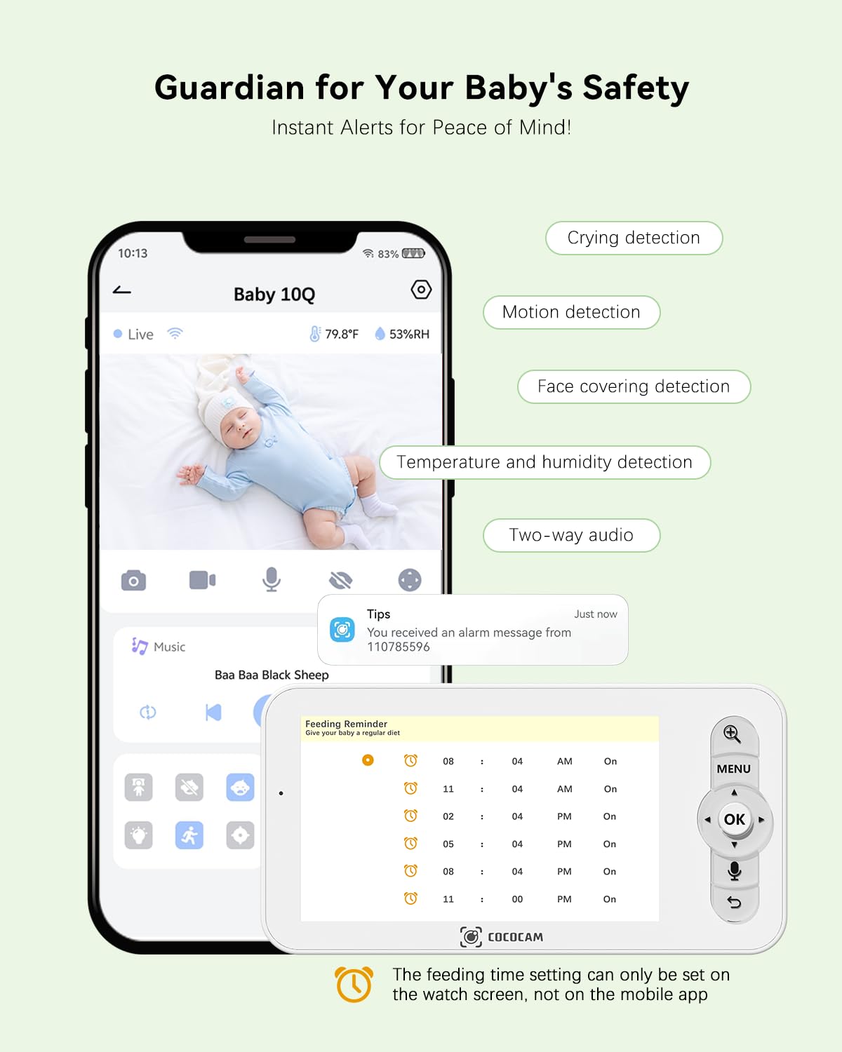 COCOCAM 2K 4MP AI 5" Baby Monitor z kamerą 2.4G/5GHZ WiFi, wykrywanie zakrycia twarzy/spania na brzuchu, inteligentny album z czasem, wykrywanie AI, automatyczne śledzenie, wykrywanie płaczu/hałasu