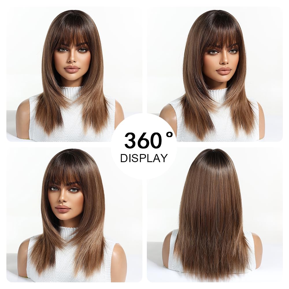 Ombre Brown Parrucche per Le Donne Di Media Lunghezza Lunga Parrucca Dritta con Frangetta Capelli Sintetici Parrucche Resistenti Al Calore per Tutti i Giorni Cosplay Partito Indossare