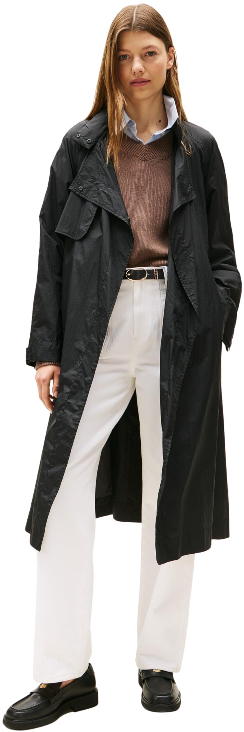 Tommy Hilfiger Women’s Nylon Packable Windbreaker Trench Coat, Black (Black), XS