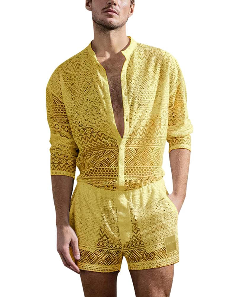 Camisa + Pantalones Cortos para Hombres Conjuntos de Top y Pantalones Cortos Juego de Dos Piezas Manga Larga Casual Conjunto Sexy Perspectiva Ropa de Playa Traje de Verano Cómodo