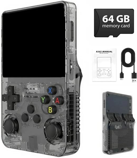 R36S Retro Handheld Game Console,3.5" IPS Screen Retro Gaming Console,Built-in 64G TF Card ,3500mAh Battery,Portable Gaming Player for Life-Transparent Black - 1