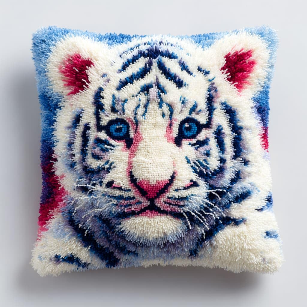 Taxpy Latch Hook Cushion Kits, White Tiger DIY Latch Hook Kits Pillow Printed Cushion Embroidery Needlework Craft Embroidery Kit,17x17inch