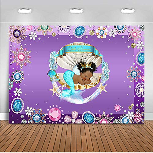 Mocsicka Royal Mermaid Baby Shower Backdrop 7x5ft Under The Sea Shell Dark Skin Baby Girl Mermaid Photo Backdrops Mermaid