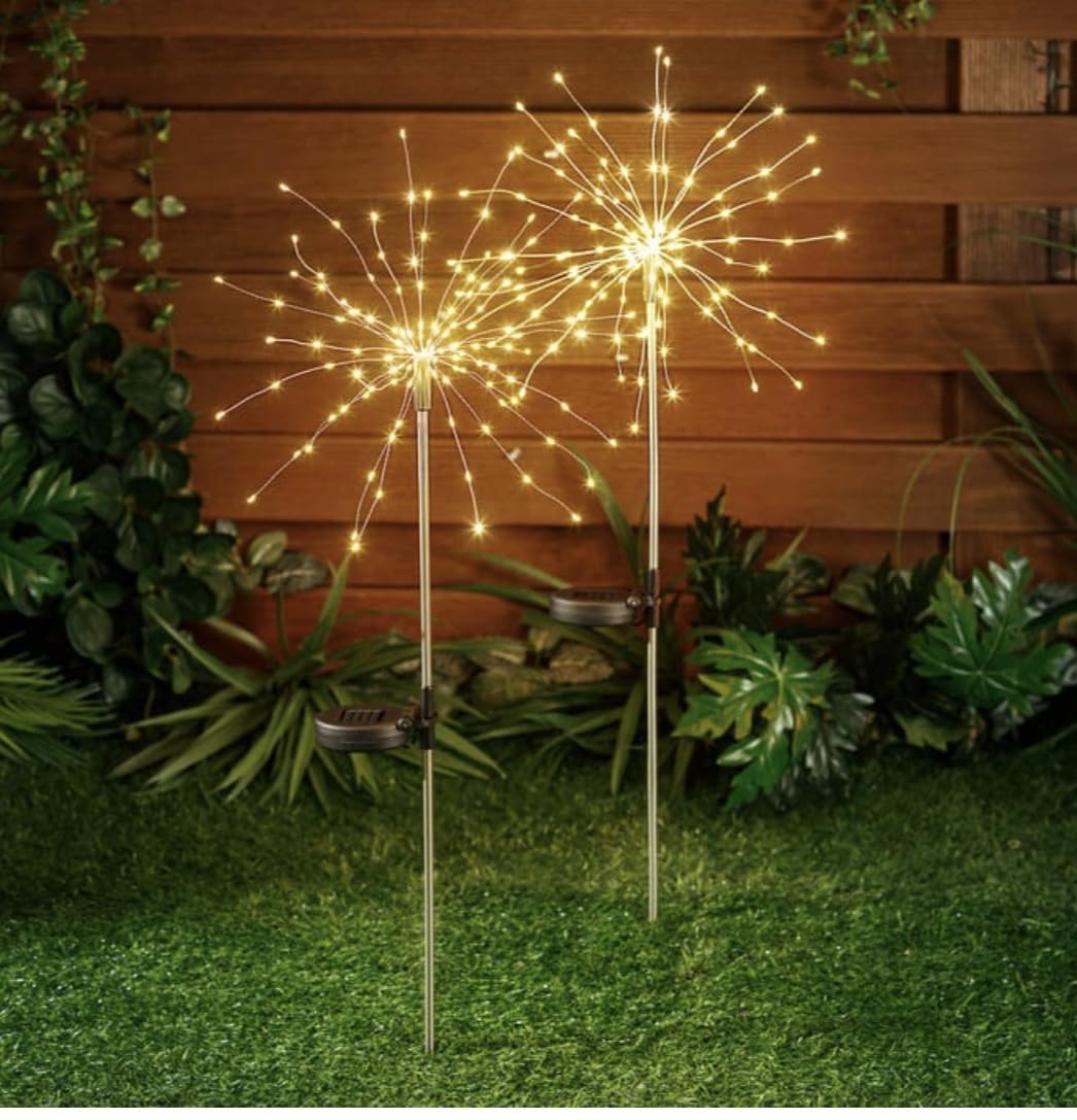 FAHAAM New||Solar Starburst Stake Lights, Warm White, 90 LEDs Each with 30 Flexible Copper Wires, Pack of 2, Easy to Install and Automatically Turn on at Dusk, Batteries Included||