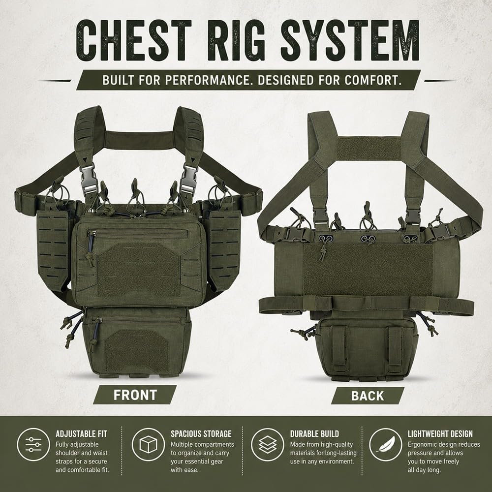 Borsa Pettorale Uomo Donna, Chest Pack Regolabile con Tasche Multiple per Caccia Tattico Tiro Sportivo Airgun Escursionismo Ciclismo E attività Outdoor