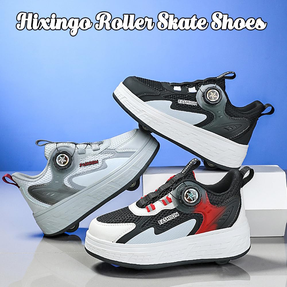 Hixingo Chaussure a Roulette pour Fille Garçons, Chaussures a roulettes avec Roues Chaussures de Skateboard, Patins à roulettes Lacet Revolve Basket à roulettes Noir Gris
