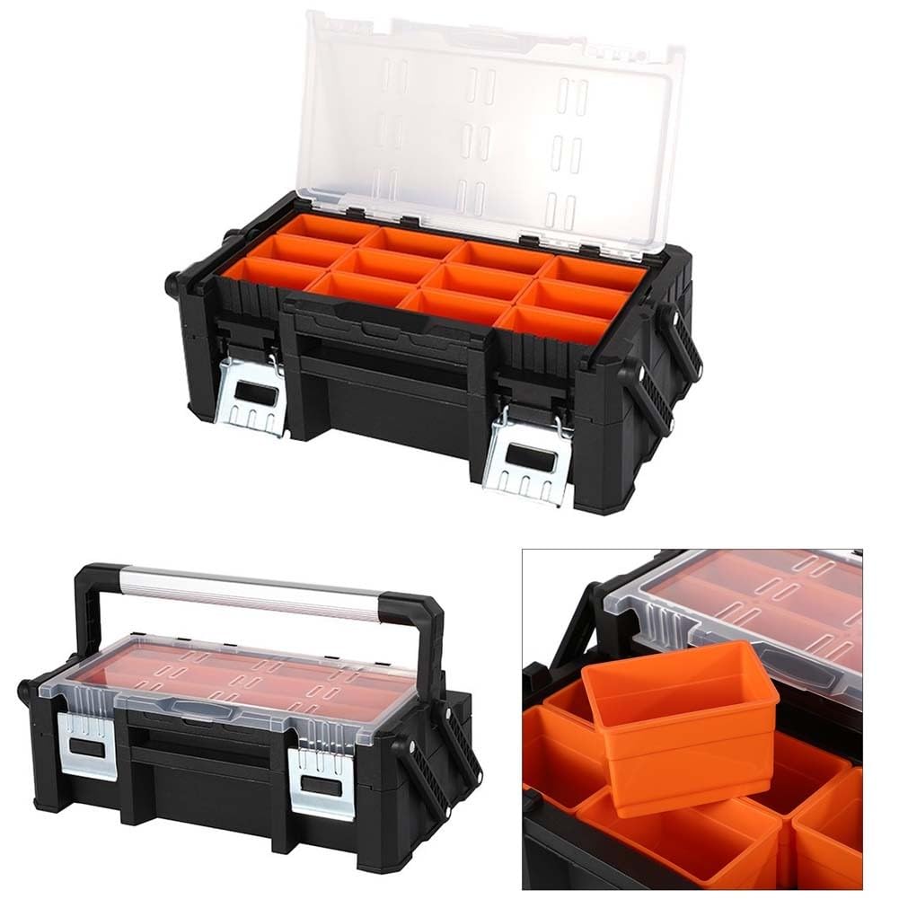 Cassetta degli attrezzi con scomparti, maniglia in alluminio portatile, fibbia magnetica, resistente plastica PP, 46 x 24 x 14,5 cm, per fai da te, officina, garage