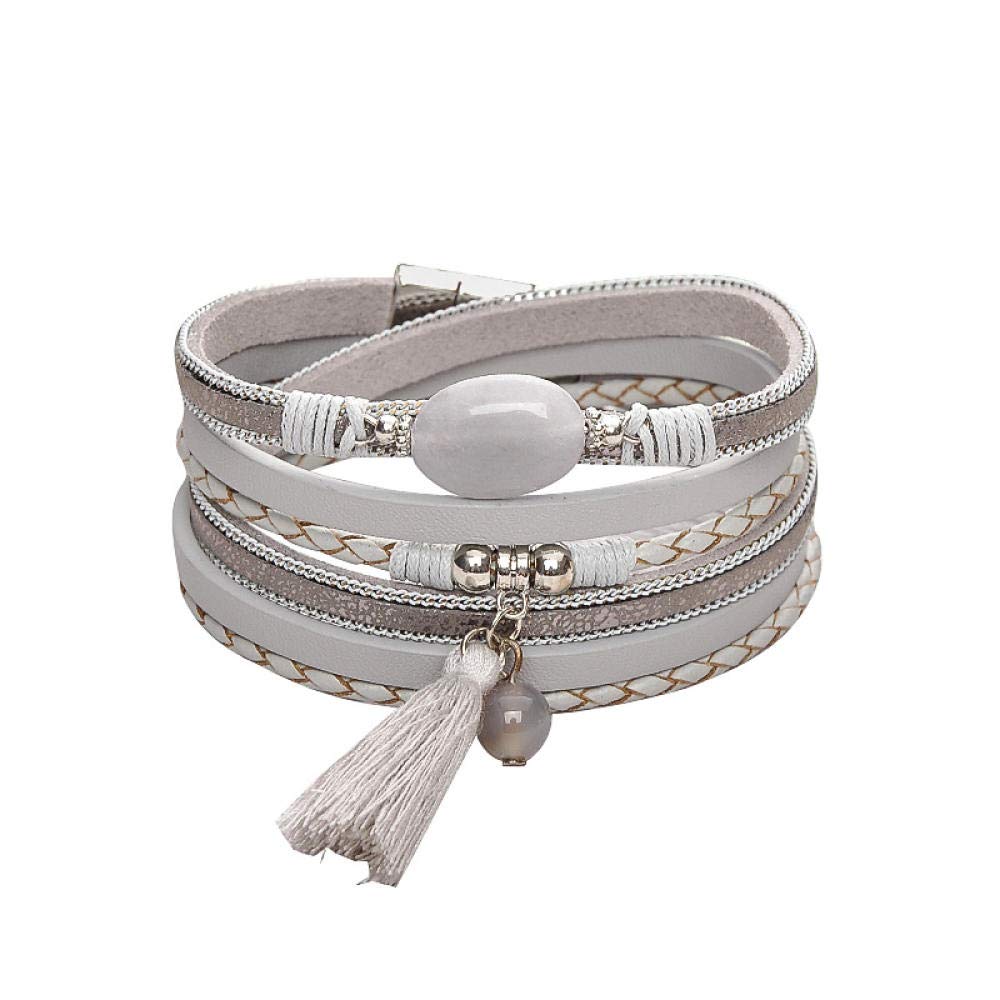 Lederarmband für Frauen, mehrschichtige Vintage Lederarmbandgrau Temperament Naturstein Achat gewebter Quasten-Anhänger Magnet Schnalle Damen Armband Personalisierte Kleidung Accessoires Schmuck