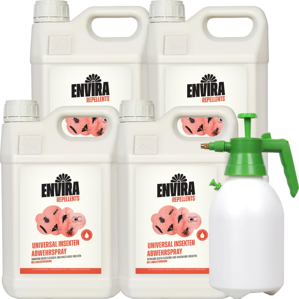 Envira Universal Insekten Abwehrspray 4 x 5 Liter + 2L Sprüher - Spray mit Langzeitwirkung gegen Trauermücken, Silberfische, Lebensmittelmotten & weiteres Ungeziefer - Mittel gegen Insekten