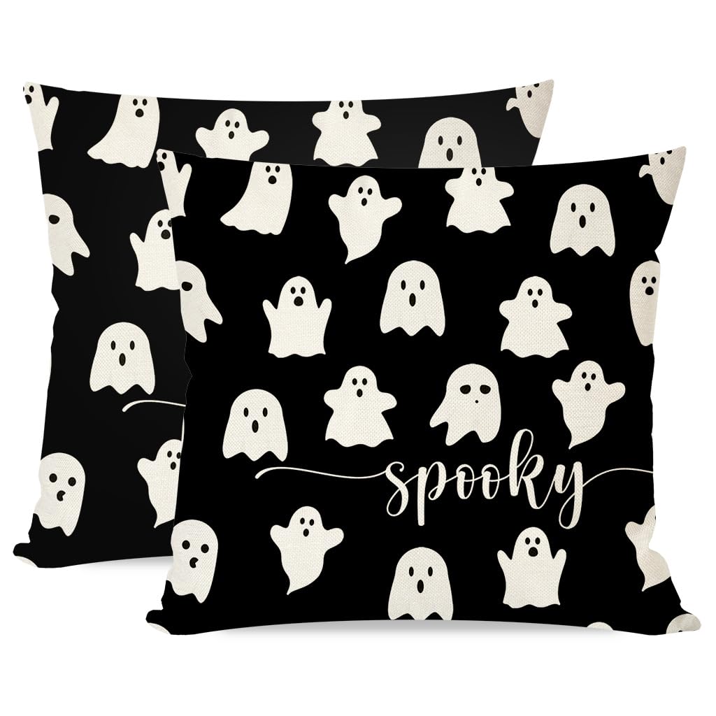PANDICORN Halloween Throw Pillow Covers 16x16 Set of 2 Black and White Ghost Decor Spooky Halloween Decorations Outdoor Indoor Cute Decorative Cushion