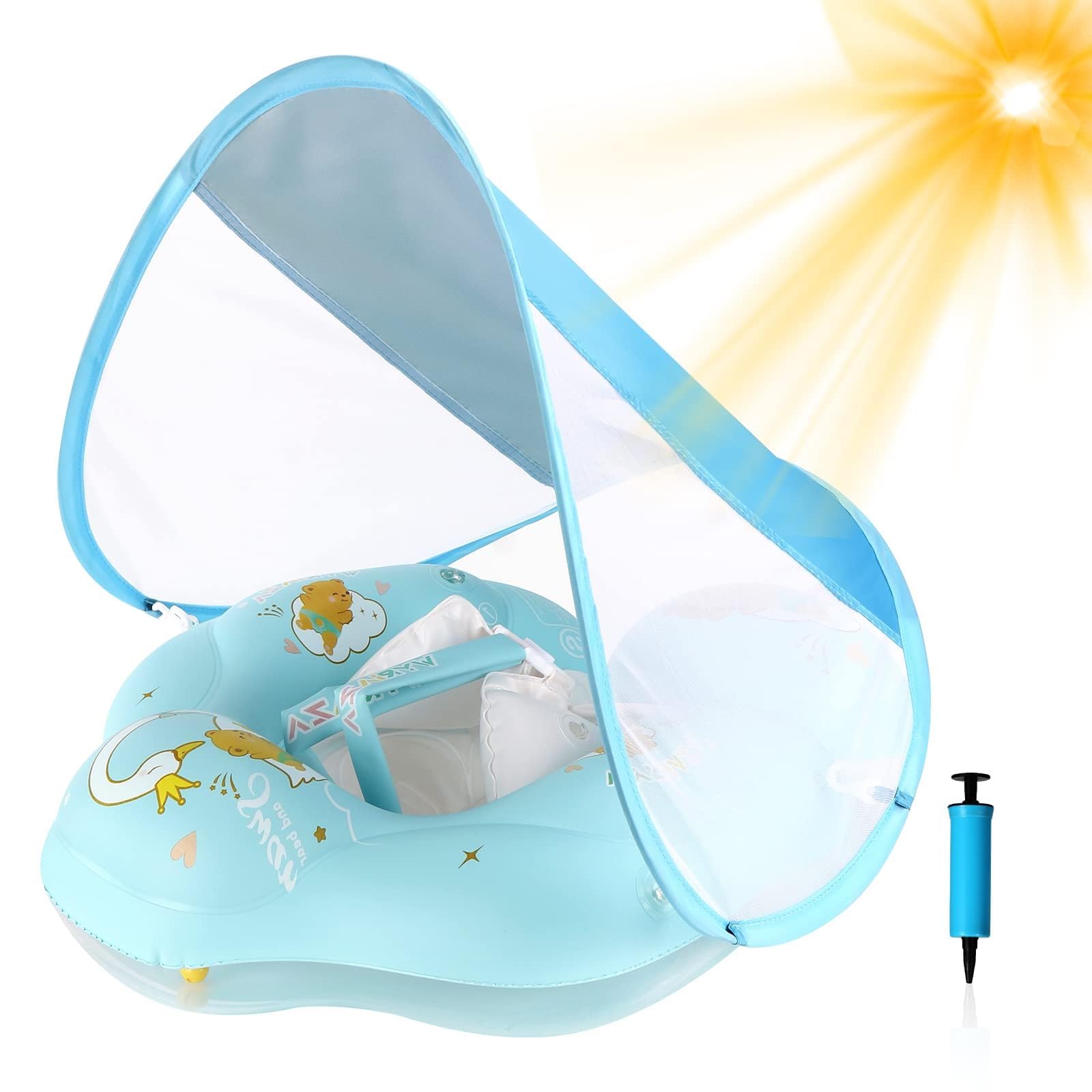 WYRIAZA Salvagente Neonato con Parasole SPF 50+ | Ciambella Neonato Mare Aggiornato con Sfera di Equilibrio per Evitare Il Ribaltamento | Salvagente Neonato 5-16Kgs