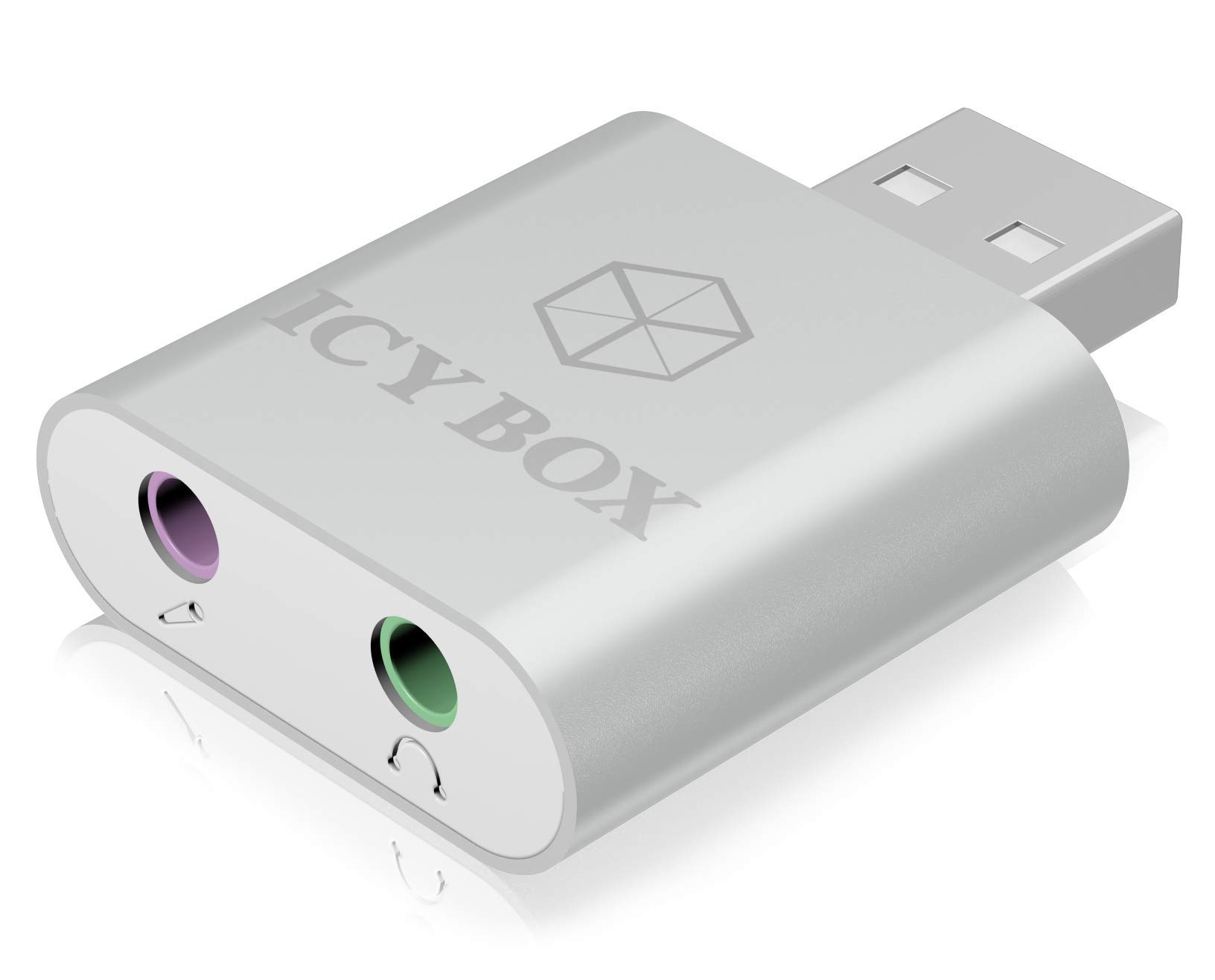 Icy Box IB-AC527 zewnętrzna karta dźwiękowa USB/USB do słuchawek i mikrofonu (2 x 3,5 mm), aluminiowa obudowa (srebrna)