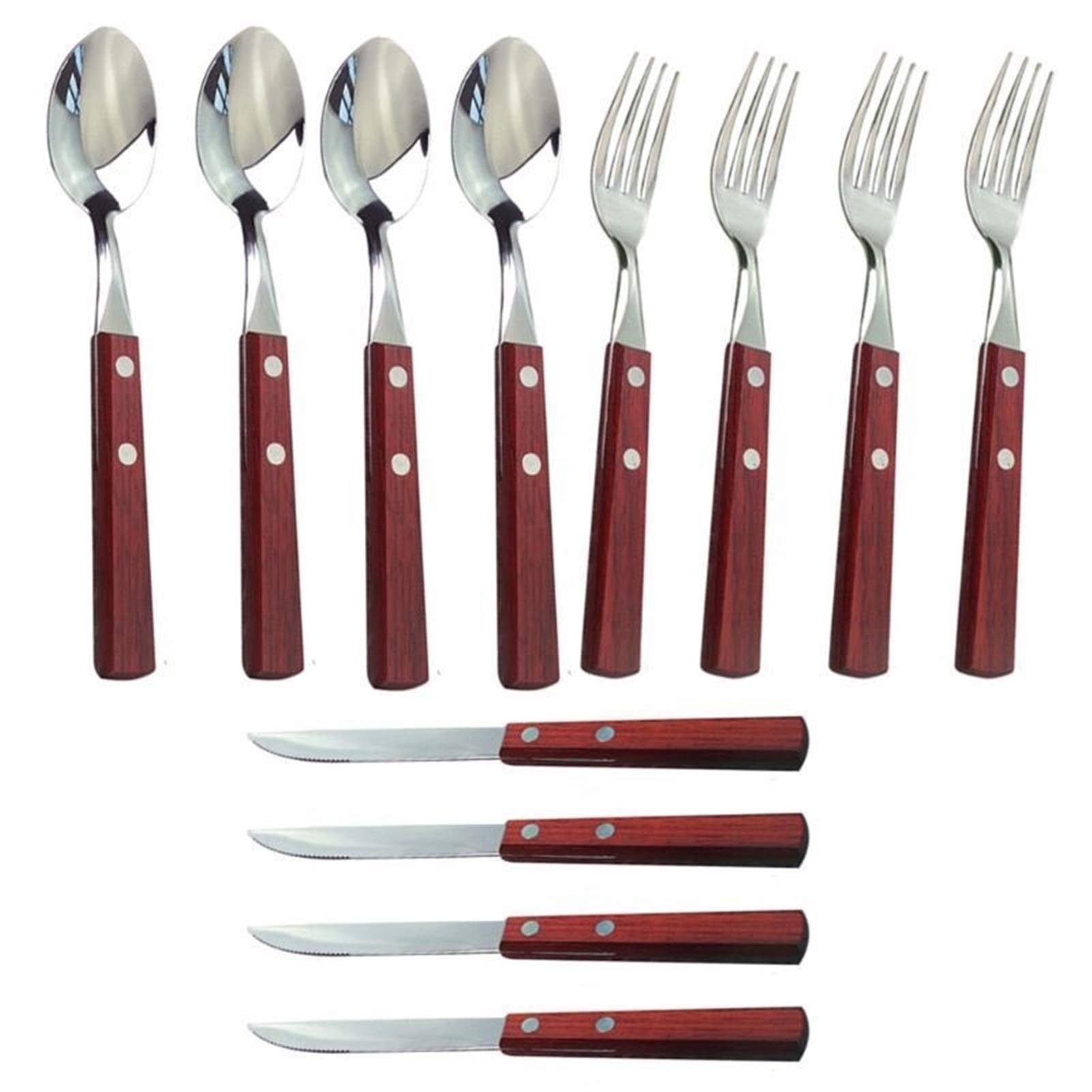 12pcs Manera de madera Cubiertos de acero inoxidable Forks Forks Spoons Knives Plandeware Set