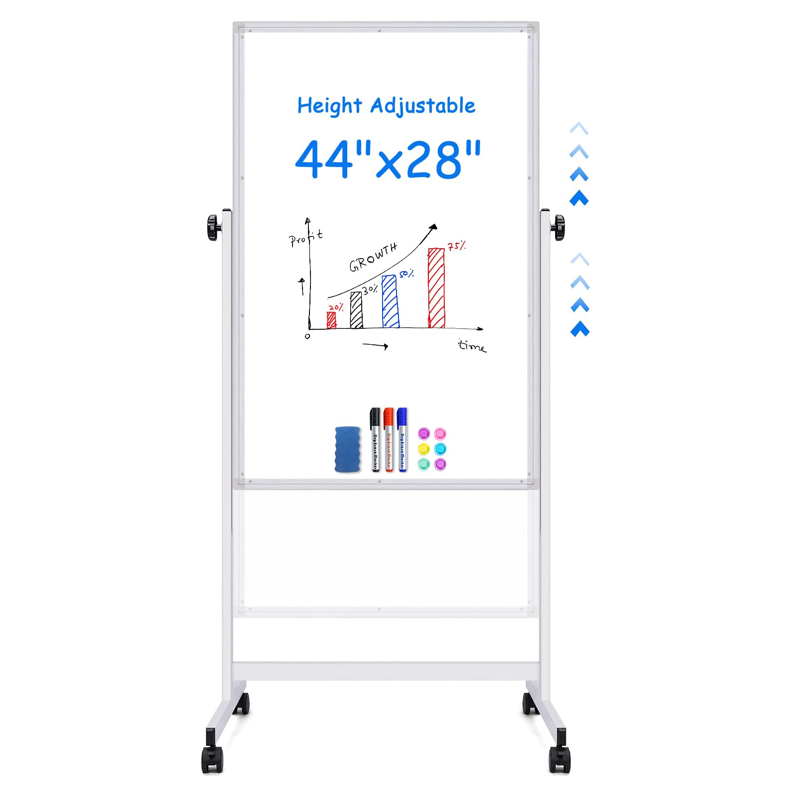 maxtek Rolling White Board, 44 x 28 Height Adjustable Whiteboard on Wheels, Large Magnetic Standing Mobile Easel Board, Double-Sided with Stand for Office, Home, and Classroom