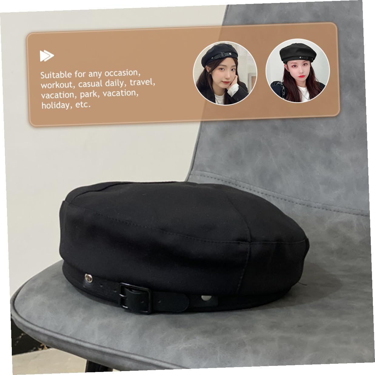 Operitacx Women Beret Hat Vintage Faux Leather Beret Cap Sun Protection Adjustable Dark Strap Buckle One Size for Travel and Outdoor Use
