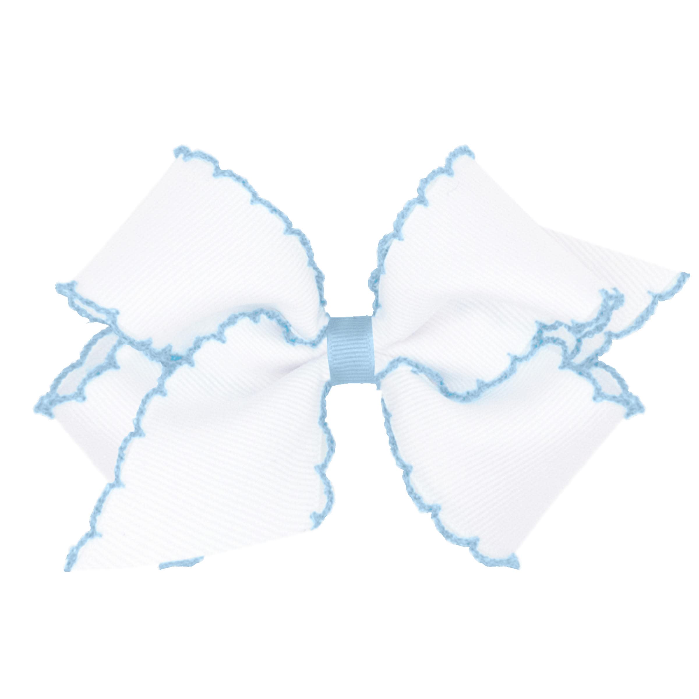 Wee Ones Girls' Classic Grosgrain Moonstitch Edge Hair Bow on a WeeStay Hair Clip, Contrasting Edge, Medium, White with Blue