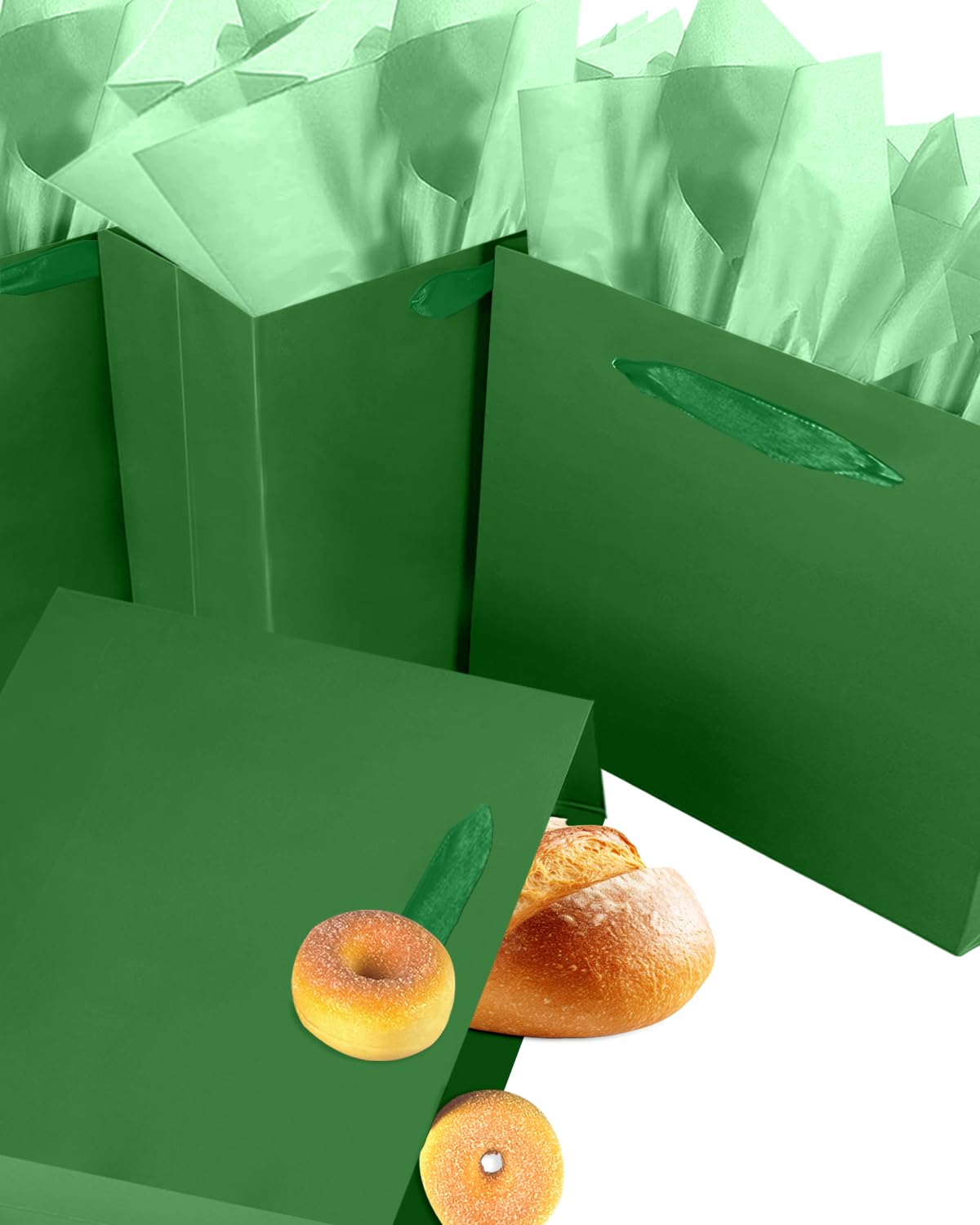 qiqee 5PCS Emerald Green Gift Bags with Ribbon Handles 9.6"x7.9"x4.3" Medium Size Gift Bags (Tissue Paper included, Medium Wide)