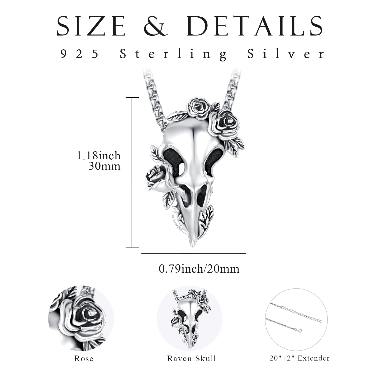 Raben Schädel Halskette 925 Sterling Silber Wikinger Raven Kette Punk Wikinger Vogelschädel Halskette Schmuck für Herren Männer Damen