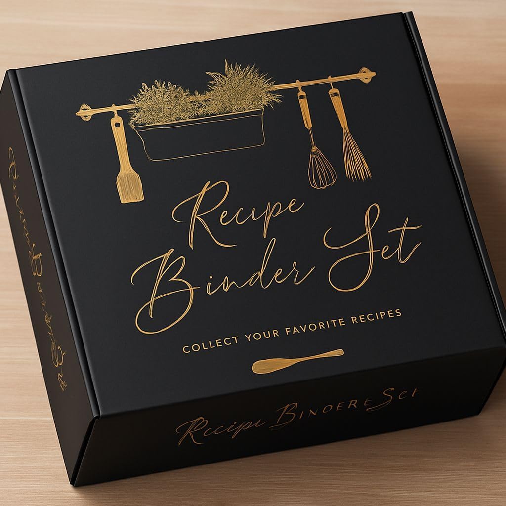 Black & Gold Recipe Binder (11 x 12) – 3 Ring Family Recipe Book to Write Your Own Recipes | Includes Dividers, Recipe Cards & Sheet Protectors, Lay-Flat Design, Gift Box Included