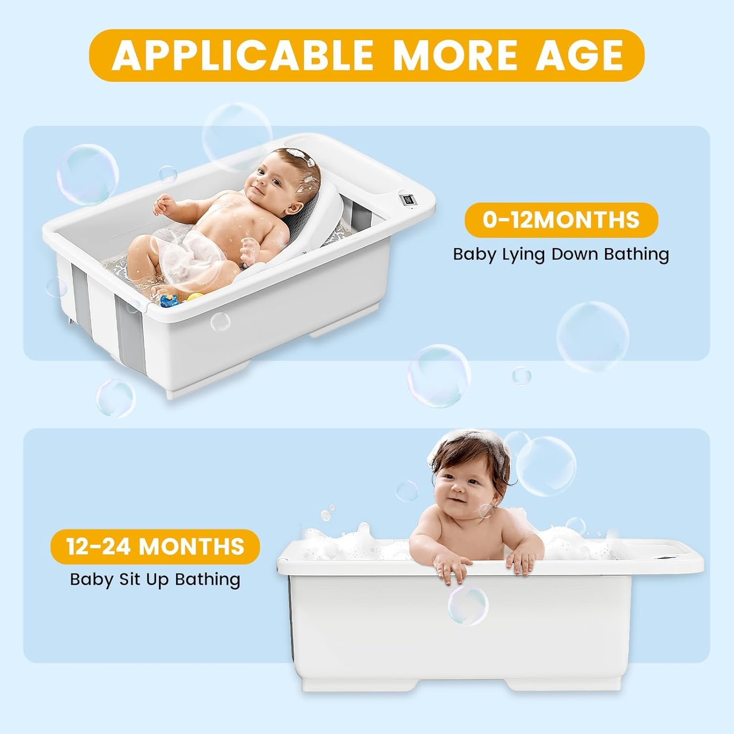 Collapsible Baby Bathtub, Foldable Baby Bath Tub with Smart Temperature Display, Portable Travel Bathtub, Ideal for 0-36 Months Infants, White
