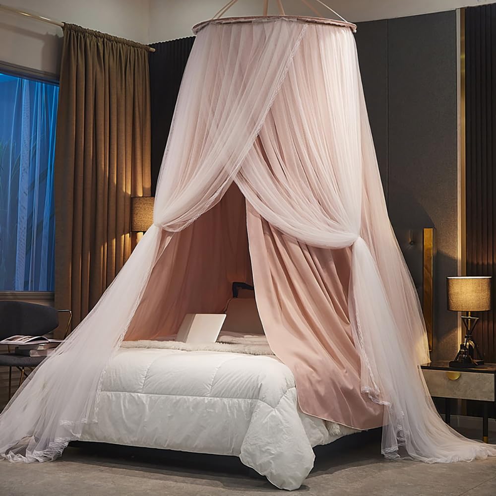 Vilemoon Bed Canopy for Girls & Adults, Round Dome Lace Princess Canopies Netting, Elegant Double Layer Bed Canopy Drapes for Decoration, Playing,Reading,Sleepping (Pink)