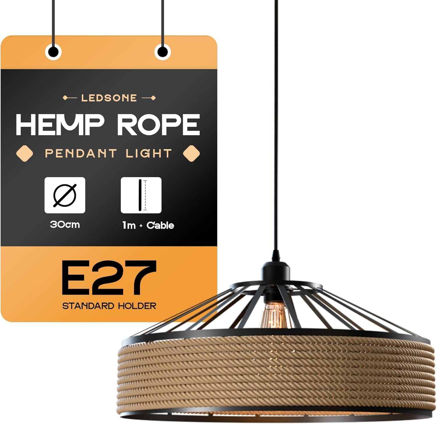 LEDSone Metal & Rope Pendant Light,30cm Shade Retro Hemp Rope Black Ceiling Lampshade with Reducer Ring Pendant Lamp for Living Room, Bedroom, Kitchen, Hallways & Floor Lamp [Energy Class A+]