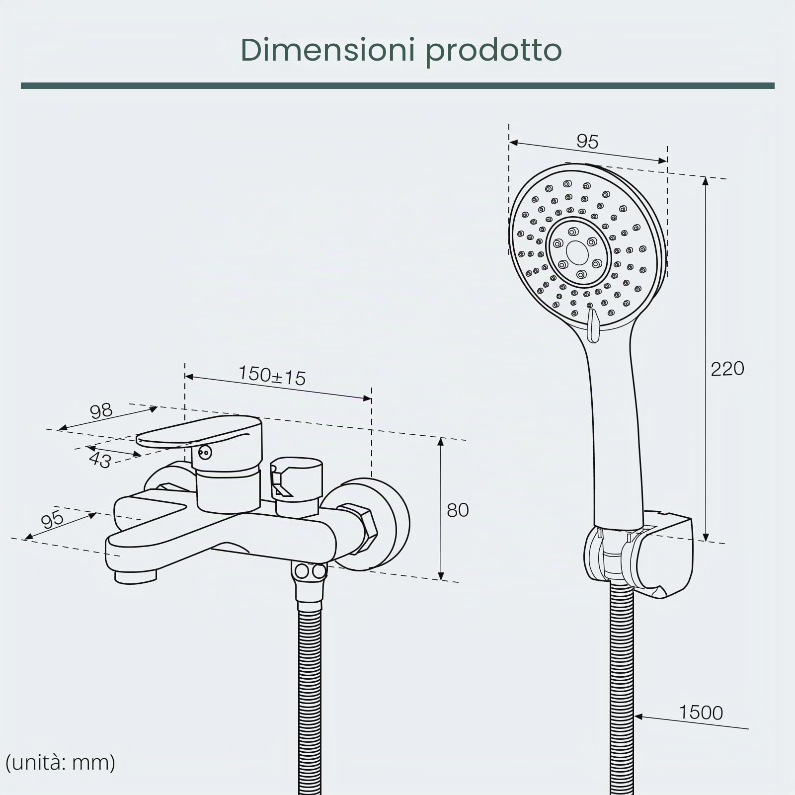Rubinetto per vasca da bagno con doccetta, miscelatore per vasca da bagno cromato, con soffione doccia a 3 funzioni, in ottone per doccia, montaggio a parete 150 mm