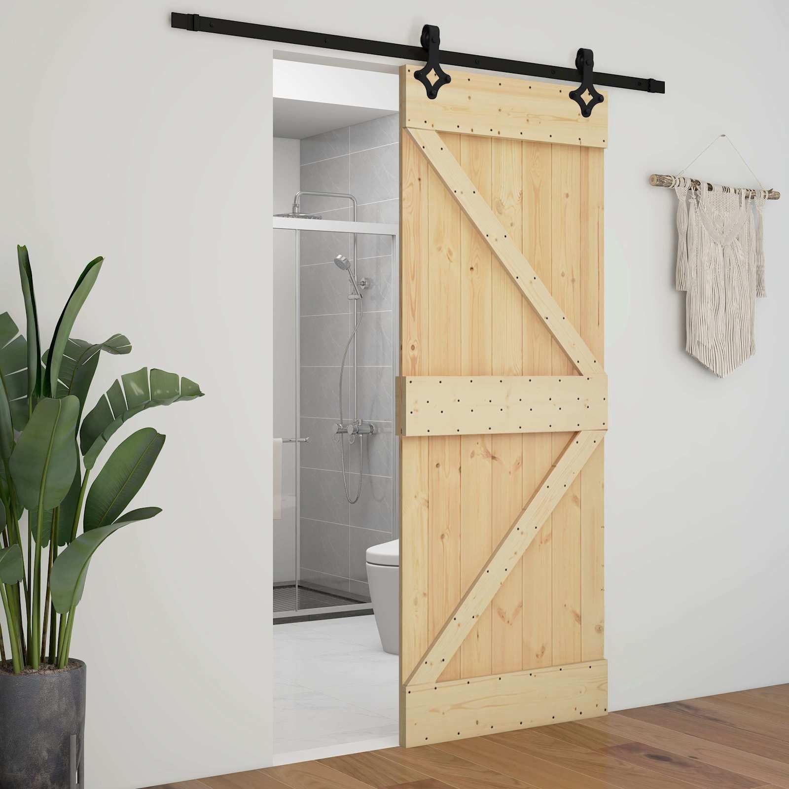Porta scorrevole in legno di pino massiccio naturale e nero, 100 x 210 cm, con binario in acciaio verniciato a polvere, porta interna per divisorio salvaspazio, silenziosa
