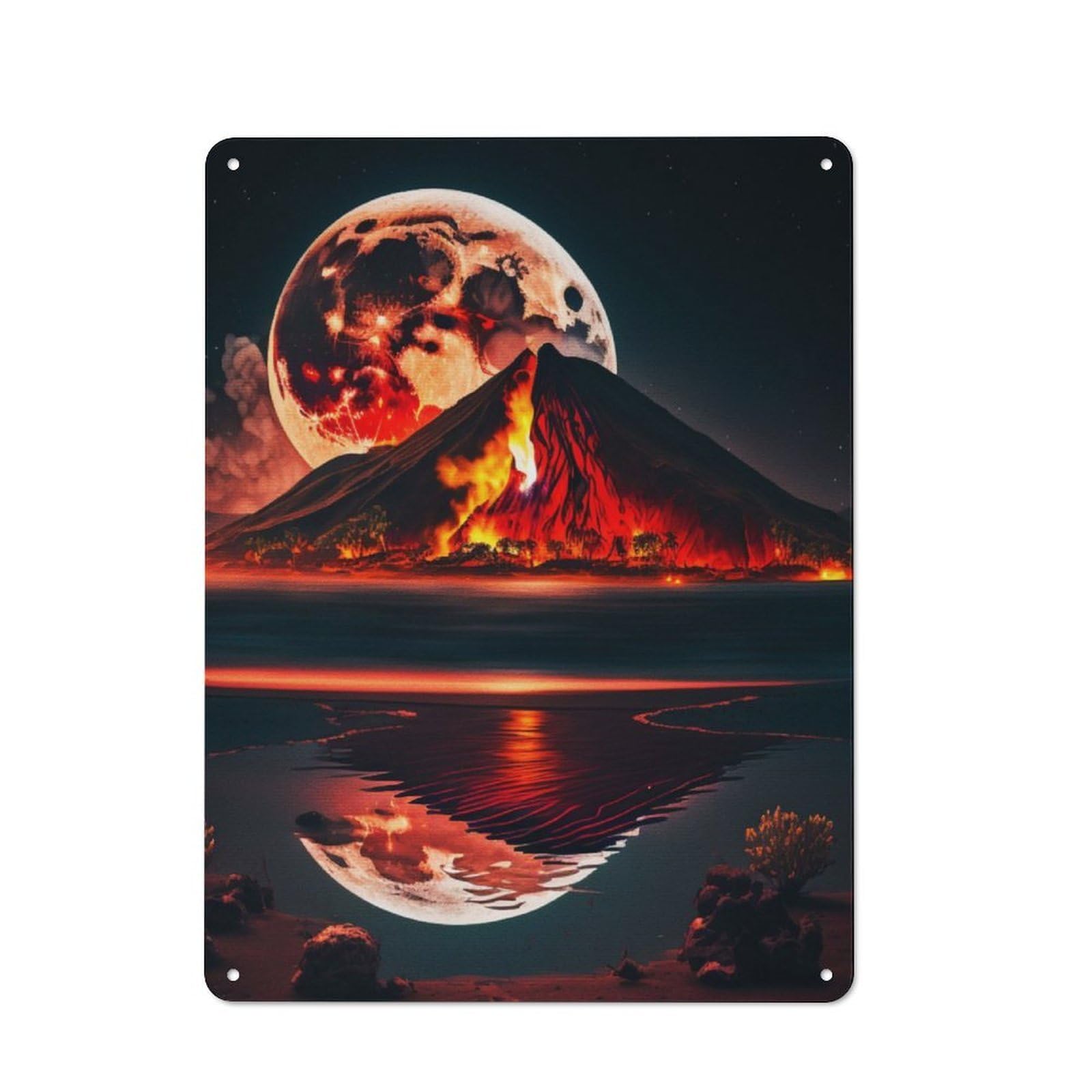 Junmoney Volcano Red Moon At Night Retro Tin Wall Plaque 40X30cm Featuring For Pub Or Café, New-Space Wall Decor For Pub Decor Enthusiasts